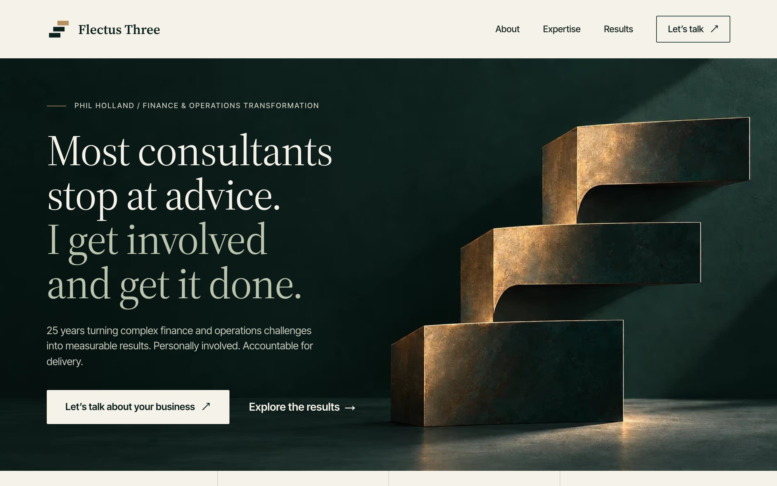 Flectus Three homepage: Phil Holland, finance and operations transformation, over a bronze sculpture on deep green