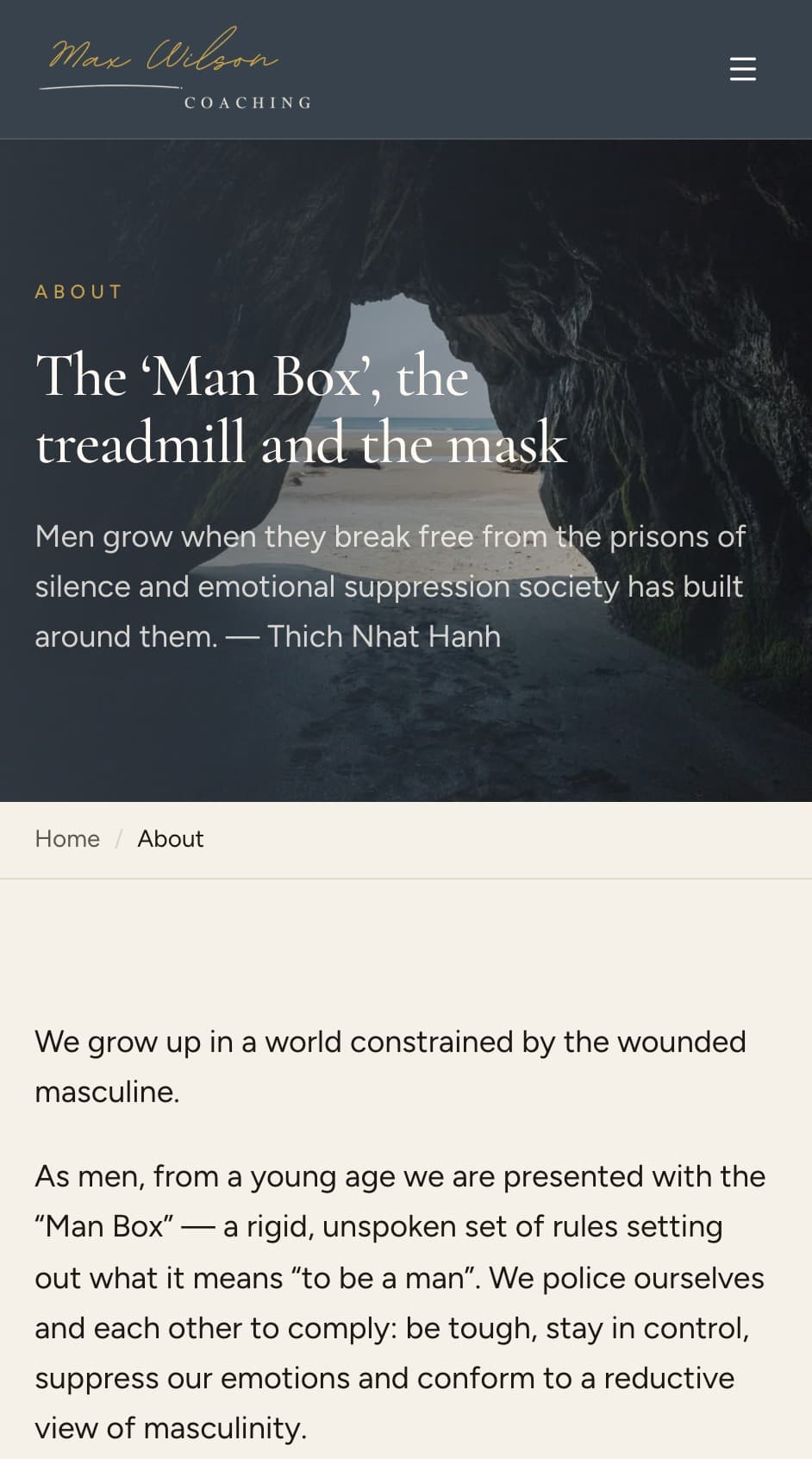 Max Wilson Coaching About page on a phone: the Man Box, the treadmill and the mask