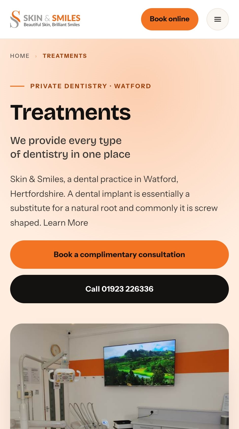 Skin & Smiles treatments page on a phone
